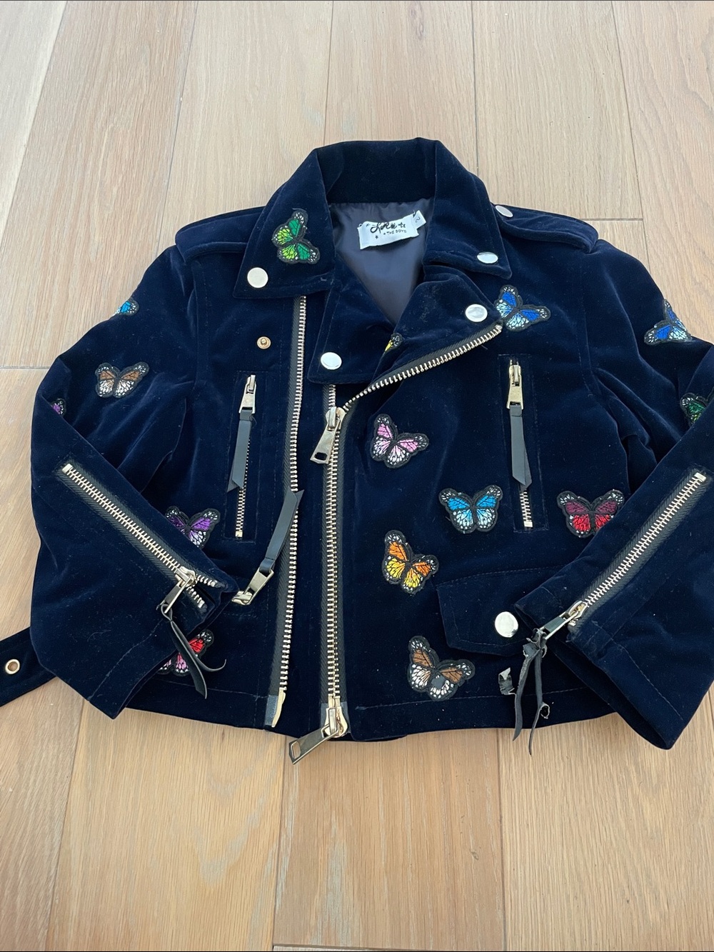 Lola + The Boys Navy Velvet Butterfly Moto Jacket with Multicolor Embroidery